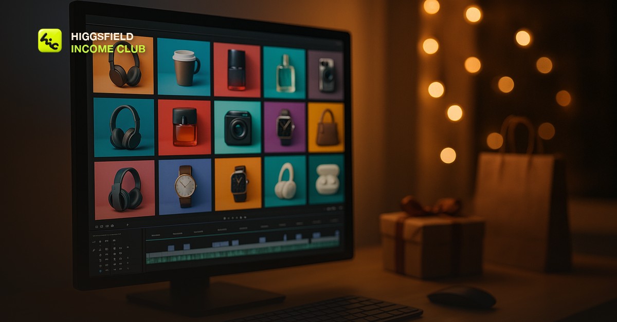 A video editing desk at dusk with a monitor showing a grid of colorful product ad thumbnails, a blurred string of warm lights in the background, no people or text visible
