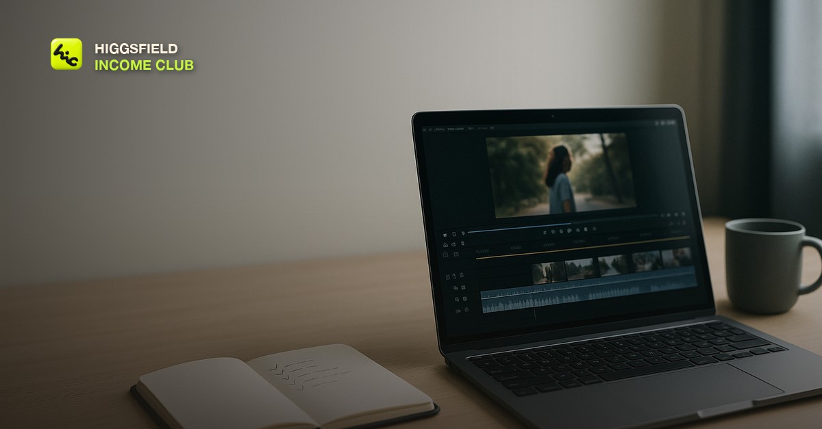 A minimal home-office desk with a laptop showing a paused video-editing timeline and a small notebook with a short checklist, soft daylight, no people visible