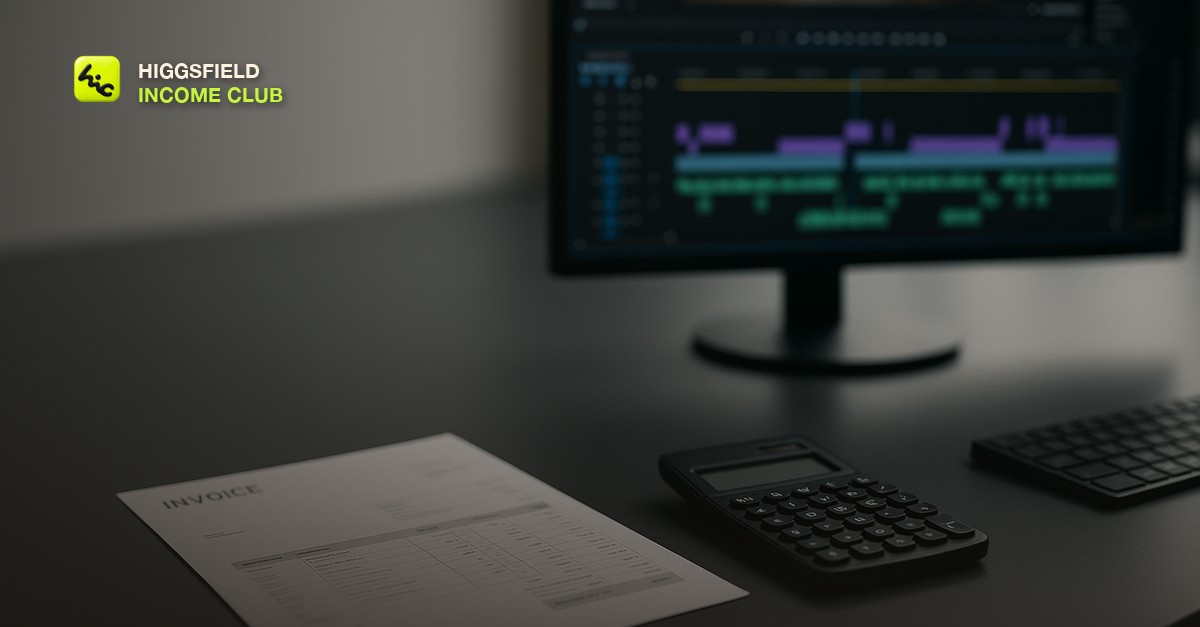 An invoice and a calculator next to a video editing monitor showing a timeline