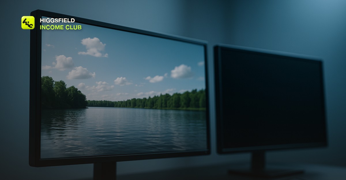 A crisp clean video frame on a bright editing monitor with a subtle faded corner mark dissolving away, a second pristine monitor beside it, cool studio lighting, no people or readable text or logos