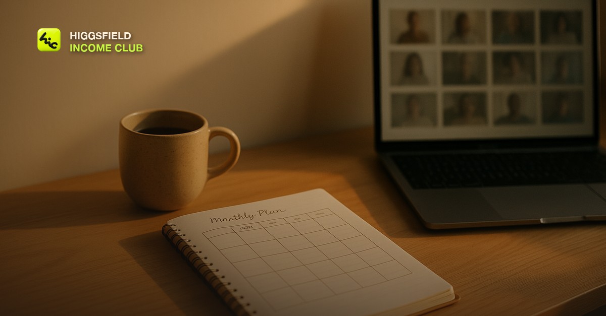 A calm home desk at golden hour with an open notebook showing a simple monthly plan, a coffee cup, and a laptop displaying a soft grid of video thumbnails, warm side lighting and clean negative space in the upper left, no people or text visible