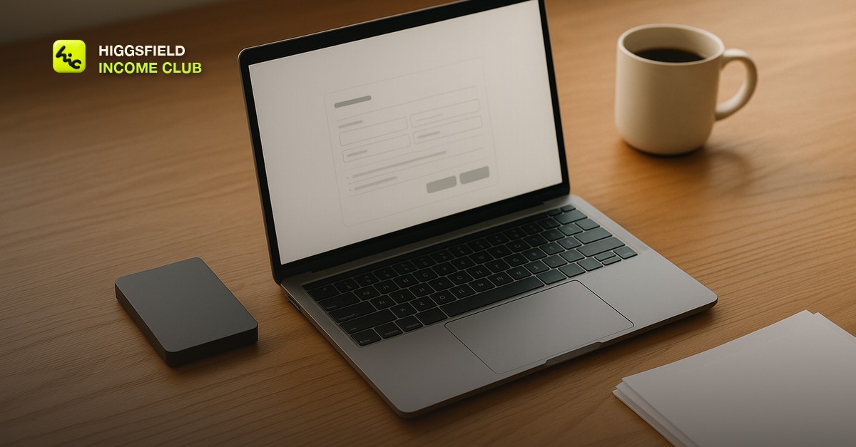 Flat lay of a laptop open to a clean checkout page beside a small external drive, a coffee mug, and a neat stack of printed prompt sheets on a warm oak desk, soft morning window light