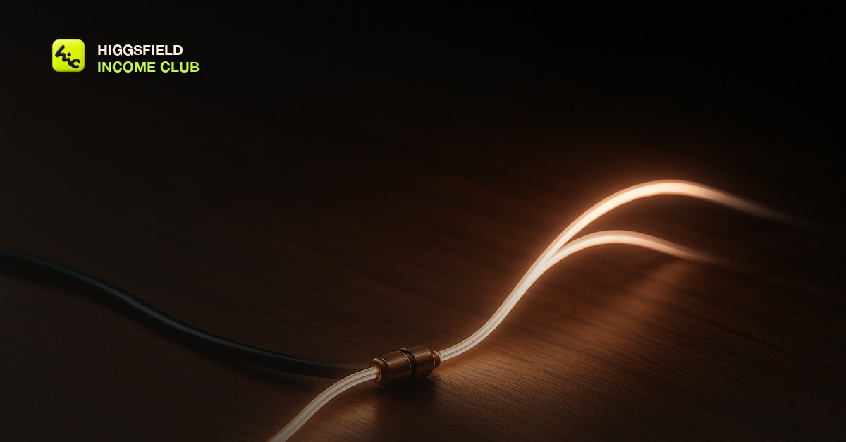 A single fiber optic cable splitting into two glowing strands joined by a small brass coupling connector, resting on a dark studio desk