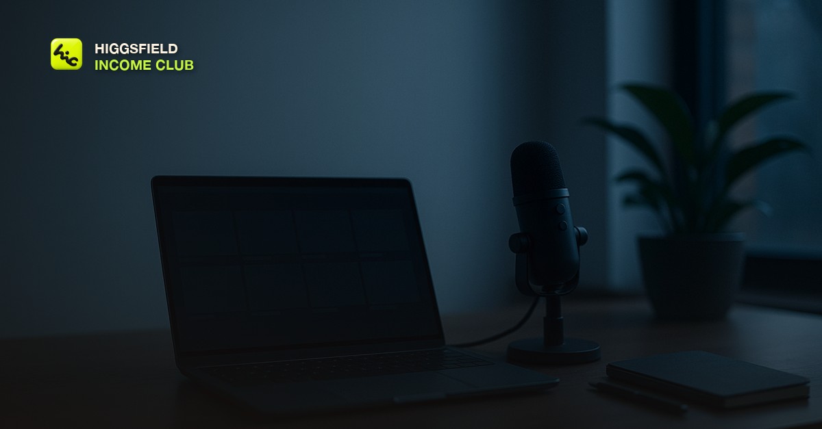 An empty minimalist creator desk at dawn with a dark laptop showing a blank channel grid, a microphone to one side, a plant and a notebook, no people or text visible