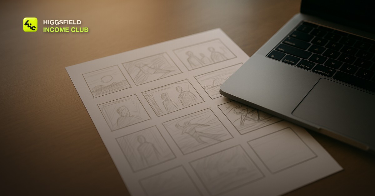 A printed storyboard grid with hand-sketched frames on a desk next to a laptop
