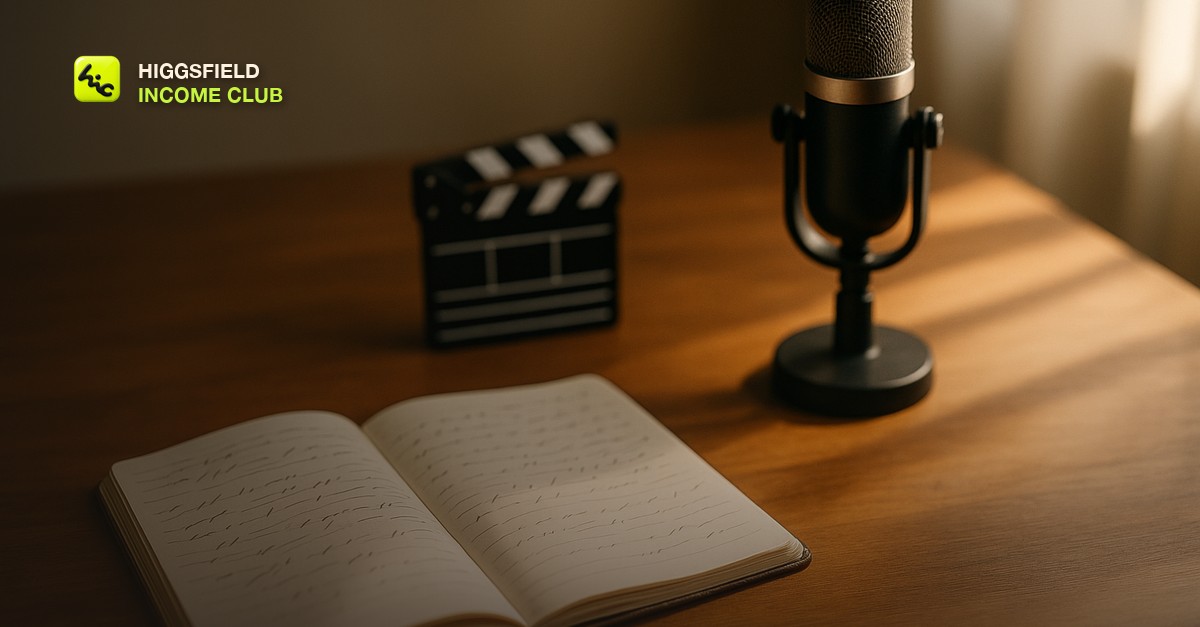 An open notebook beside a small film clapperboard and a studio microphone on a warm wooden desk in soft window light