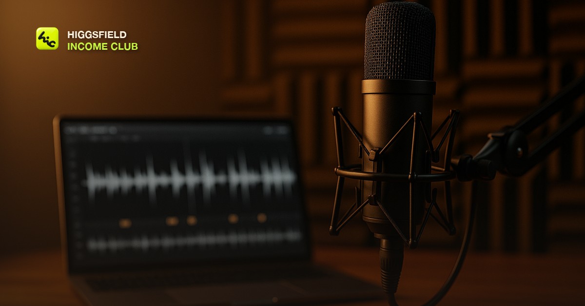 A podcast microphone on a boom arm beside a laptop showing a waveform timeline with several highlighted clip markers, warm studio lighting, no people or text visible