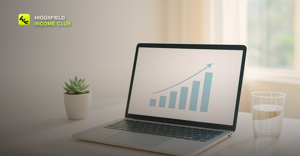 A bright modern home office desk with a white laptop showing a rising bar chart on screen, a small succulent plant, a glass of water catching sunlight, pastel tones, clean minimalist setup