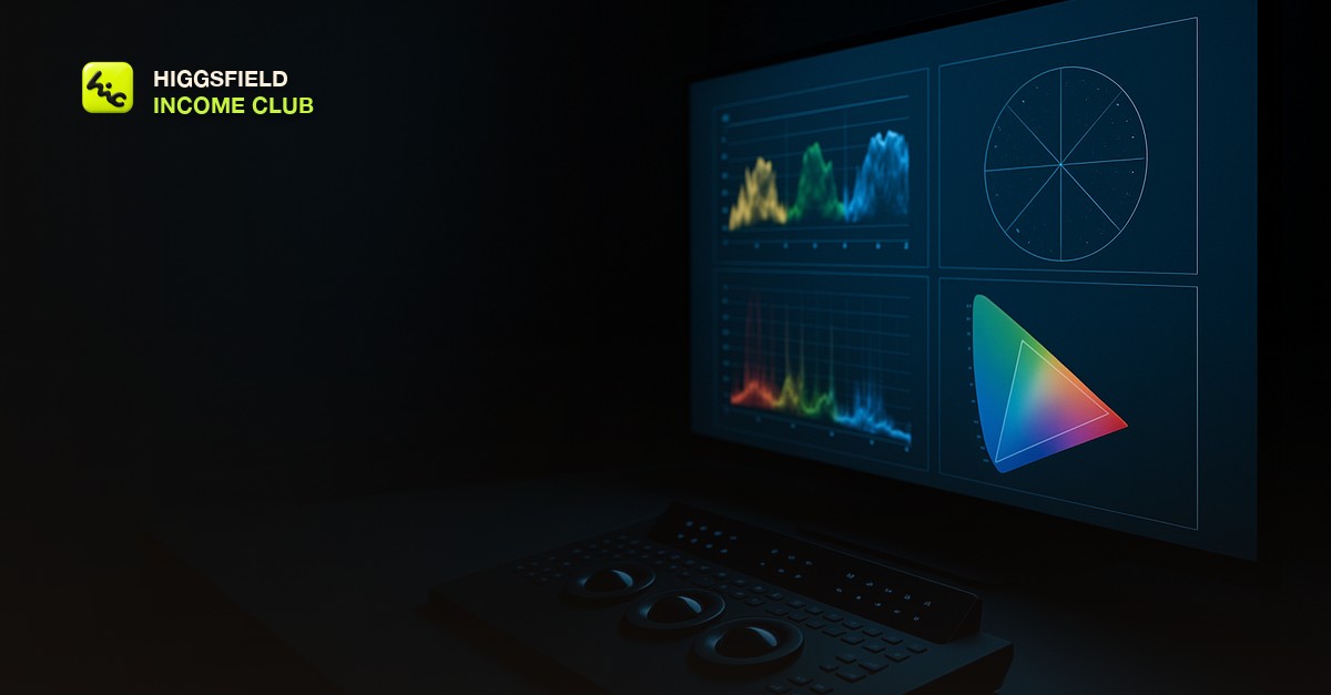 A large calibrated display glowing in a darkened colour grading suite with a lit control surface on the desk in front of it