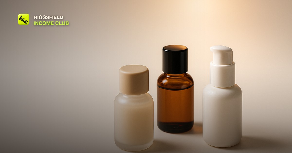 Three small consumer product bottles arranged on a clean white studio surface with soft rim lighting from the left and a warm amber spot from above, shallow depth of field, no people, no text