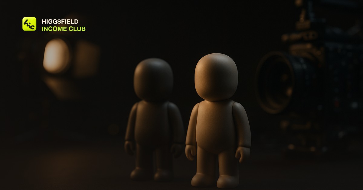 Cinematic production setup with two matching figurines side by side under dramatic studio lighting on a dark surface, one slightly more lit to show identity matching, shallow depth of field with soft bokeh background, editorial still-life photography mood