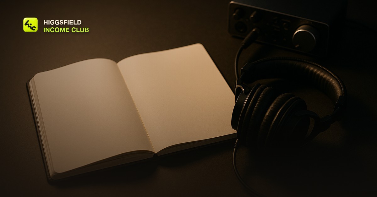 Higgsfield Income Club - a script open on a desk beside a microphone, ready for an AI video voiceover session