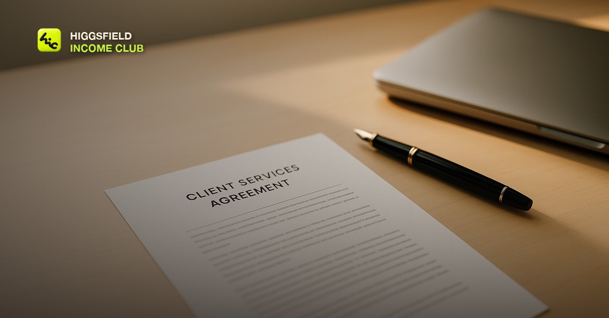 A single printed client services agreement resting on a clean minimalist desk beside a fountain pen and a closed laptop, warm directional window light, no people or readable text or logos