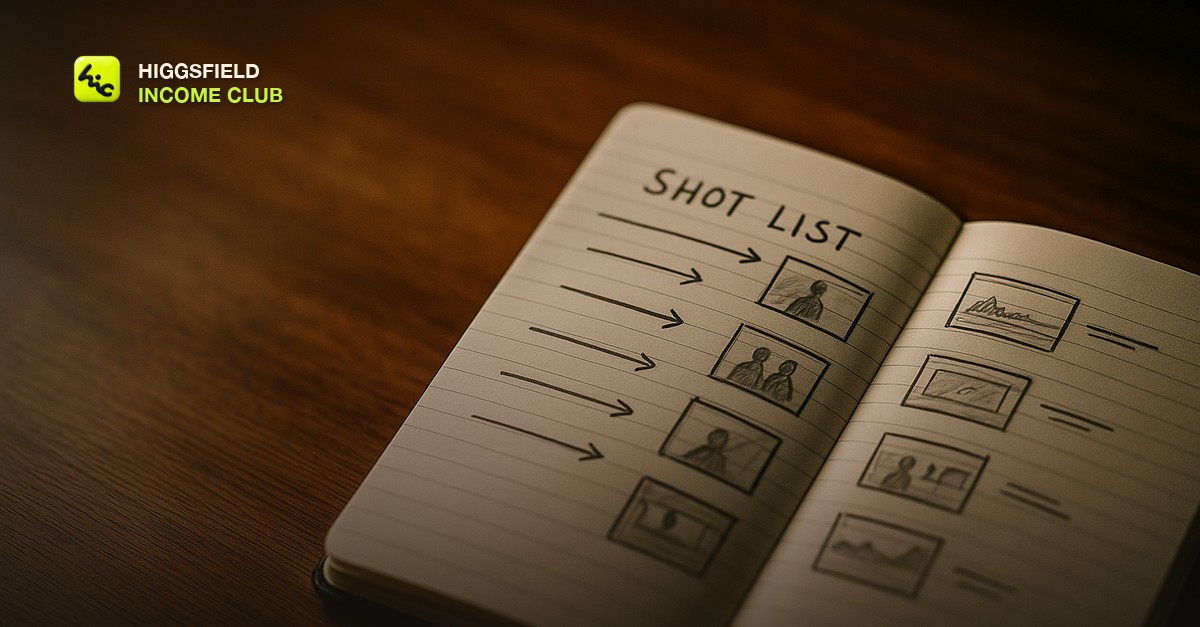 A notebook open to a hand-written shot list with arrows and sketched frame diagrams