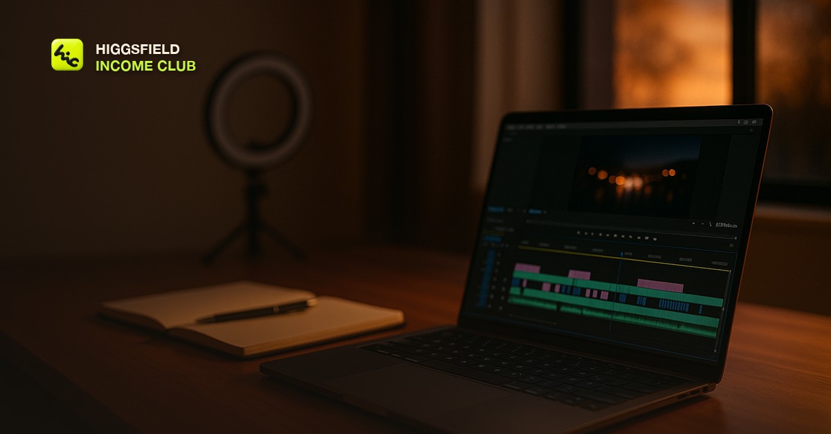 A tidy creator desk at dusk with a laptop showing a colorful video editing timeline, a small ring light turned off in the background, and a notebook and pen beside it