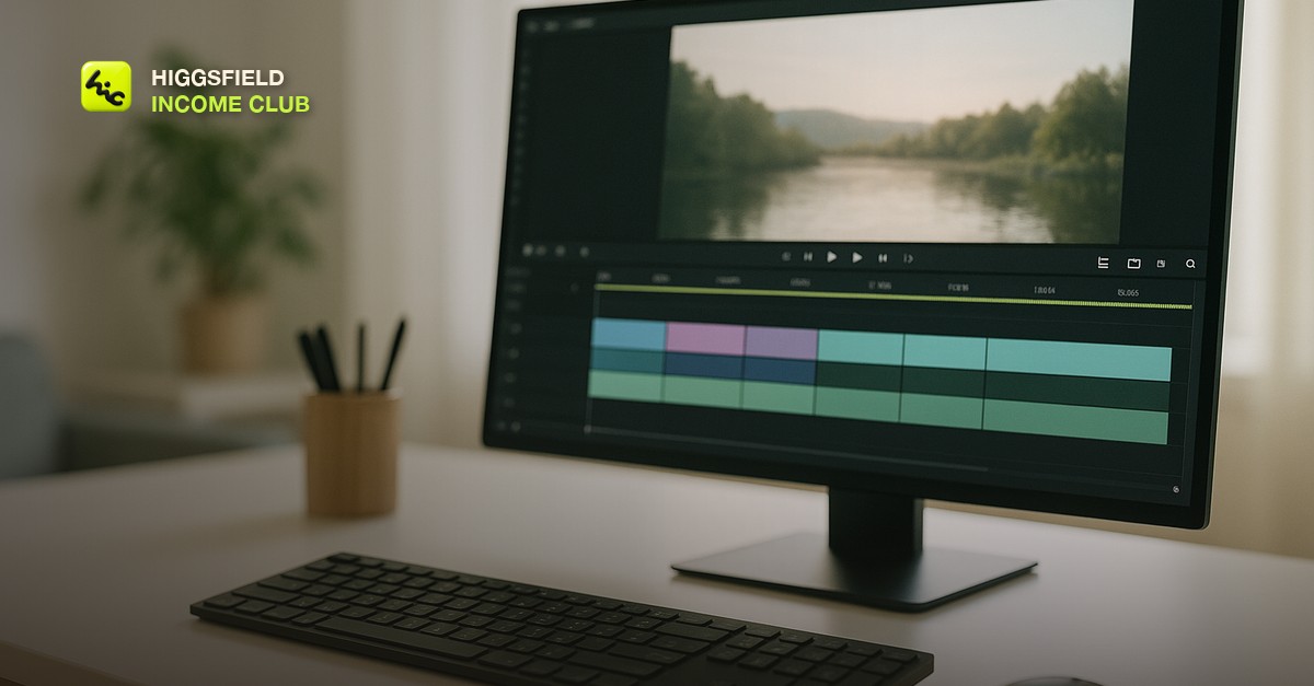 Higgsfield Income Club - one finished AI video split into a week of platform cuts on an editing timeline