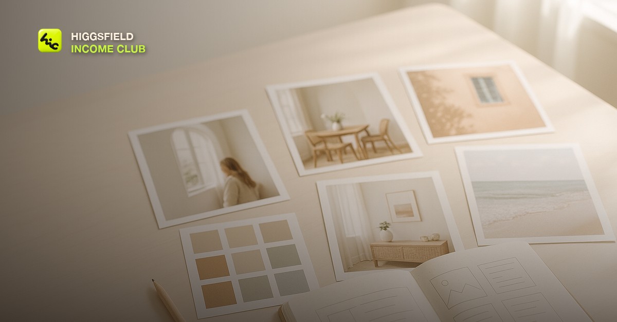 A moodboard desk with printed reference photos, color swatches, and a notebook of content ideas arranged for planning