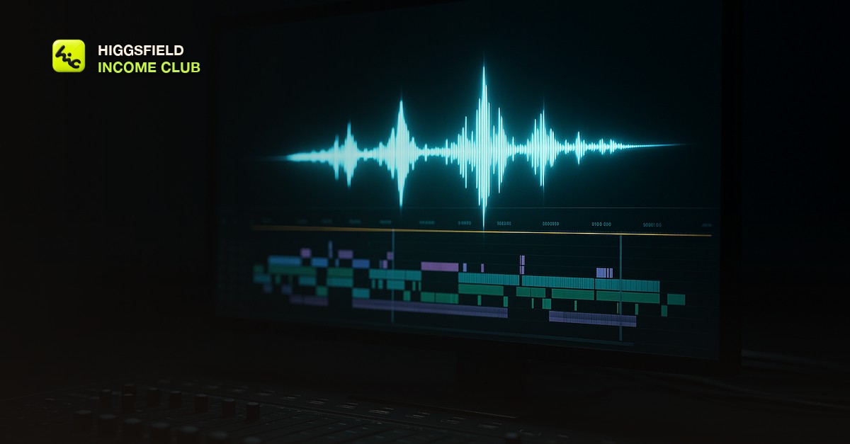 Higgsfield Income Club - layering sound design onto an AI generated video, sound waveform over a video timeline