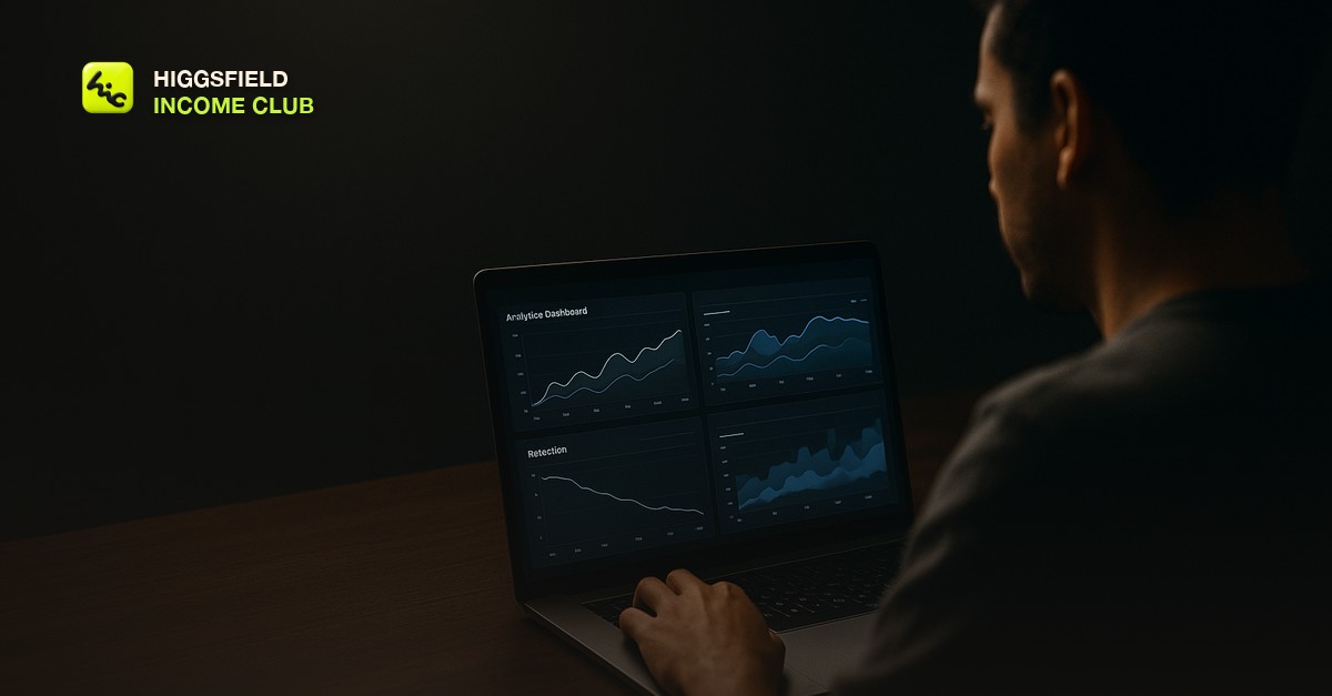 Higgsfield Income Club - a creator reviewing video analytics dashboards on a laptop screen