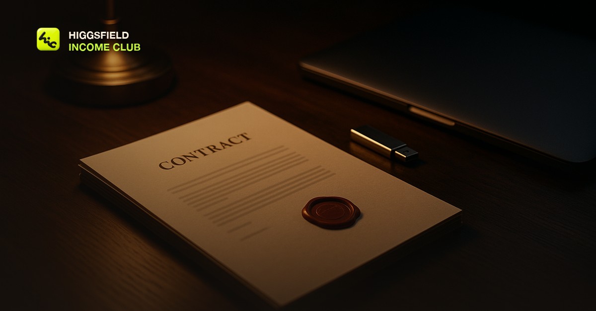 A dark wood desk holding a stack of blank contract pages with a wax seal, a chrome USB drive, and a closed laptop, lit by a single warm desk lamp