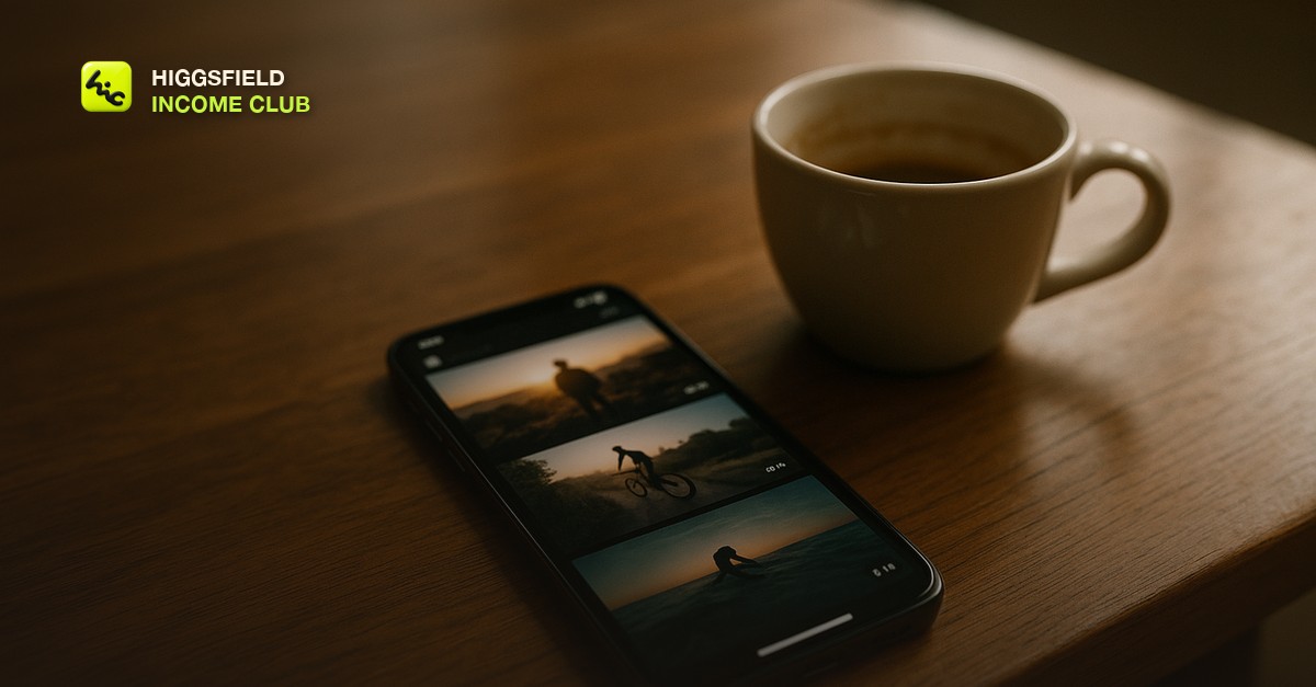 A phone lying face up on a wooden table showing a video app with a low view count, next to a half-finished coffee
